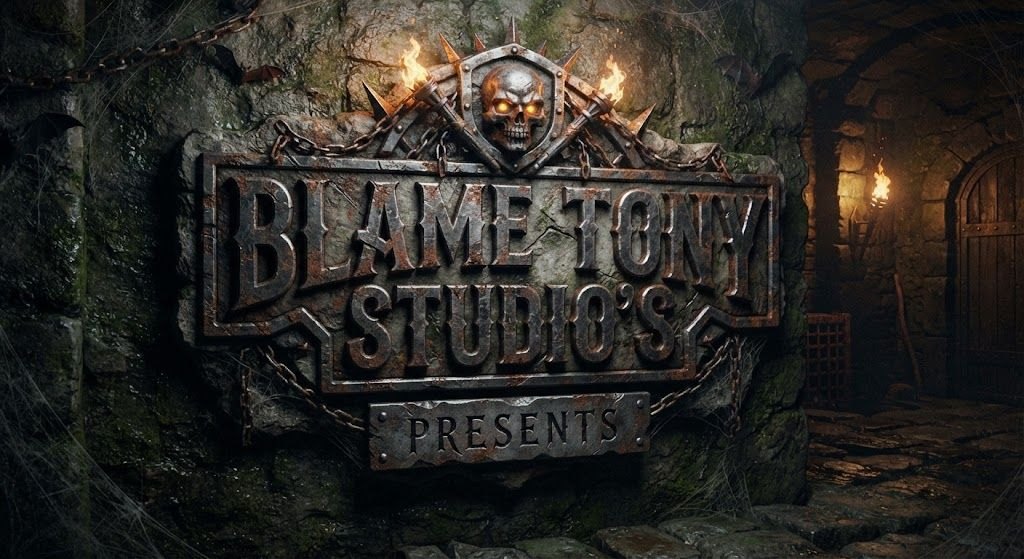 Blame Tony Studio's Presents — rusted iron sign with a flaming skull crest in a torch-lit dungeon
